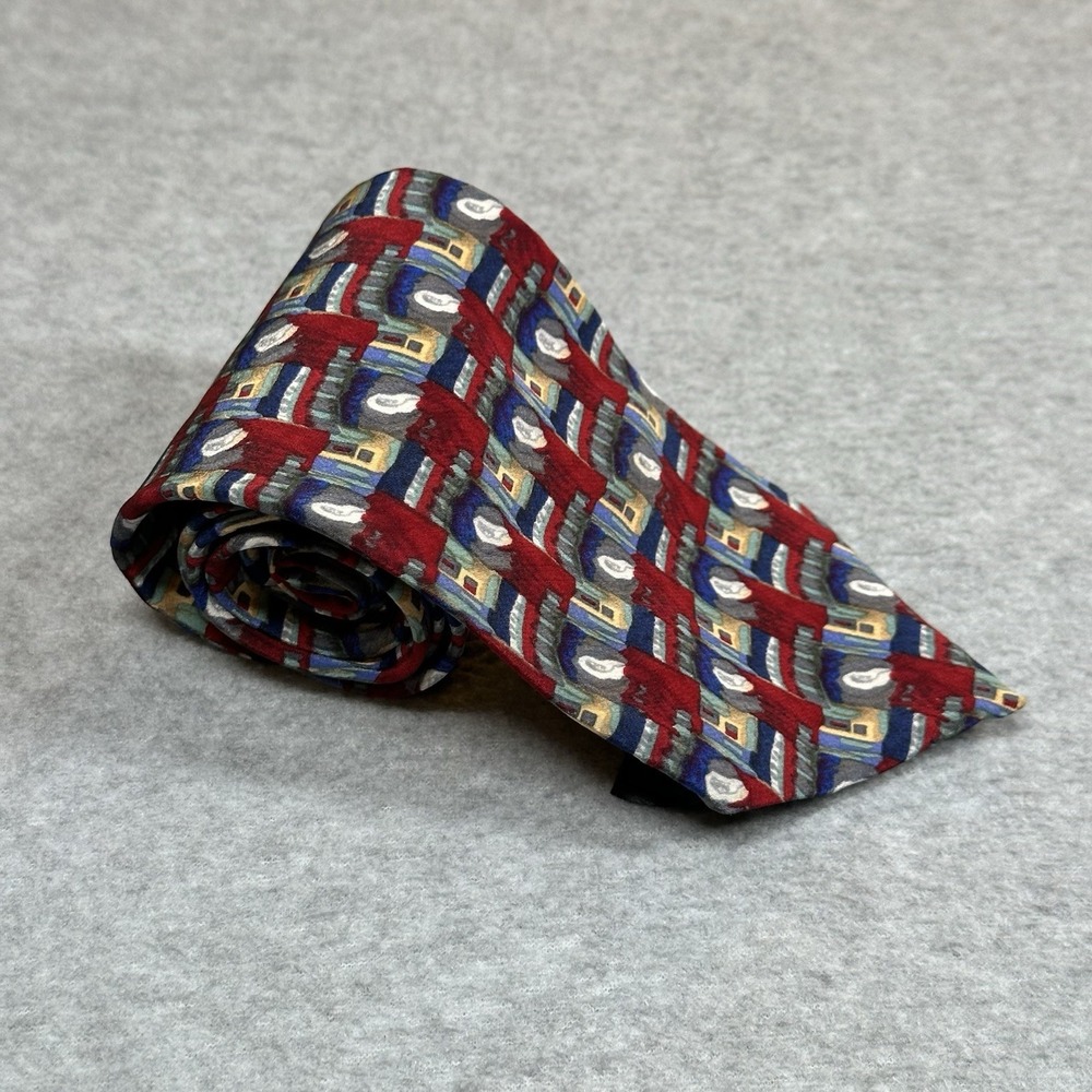 J Garcia Tennis Shoe Escape Mens Neck Tie Red Blue Silk Geometric Pattern 56x3.6
